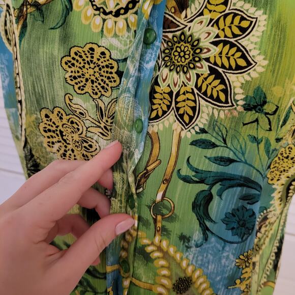 Inois Y2K Ruffle Neck Paisley Sleeveless Blouse Green Size Small - Picture 7 of 8